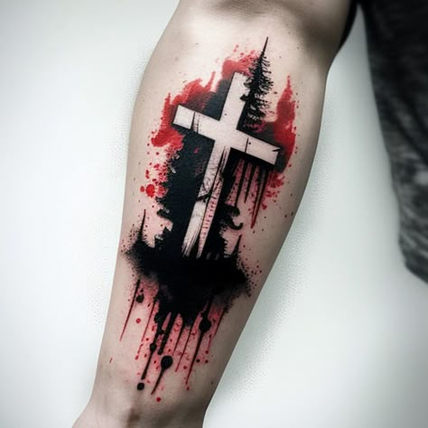 simple Christian tattoo trash polka Style 03 Red And Black Tattoo Ideas For Men, Trash Polka Cross, Trash Polka Cross Tattoo, Life Tattoos For Men, Trash Polka Sketch, Hand Cross Tattoo, Black And Red Tattoo Men, Trash Polka Tattoo Designs For Men, Trash Polka Sleeve