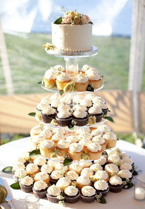 Wedding Cake With Cupcakes, Cupcake Tower Cake, Cake With Cupcakes, Cupcake Tower Wedding, Marthas Vineyard Wedding, Elegant Cupcakes, Wedding Cake Alternatives, Simple Bride, Laid Back Wedding