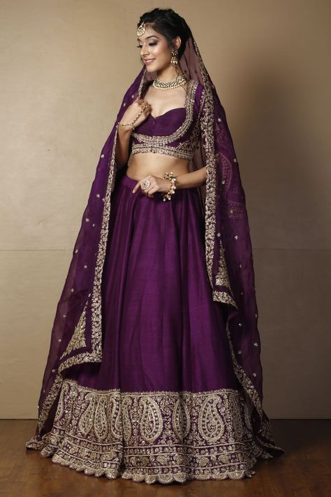 Deep purple fancy lehenga choli set by Zari Jaipur Lehenga Purple, Lehenga Online Shopping, Purple Lehenga, Fancy Lehenga, Raw Silk Lehenga, Designer Lehengas, Lehenga Designs Simple, Wine Dress, Bridal Lehenga Red