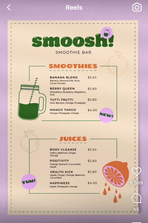 Juice And Smoothie Bar Design, Bloxburg Smoothie Bar, Smoothie Business Ideas, Juice Bar Menu Design, Menu Design Coffee Shop, Smoothie Menu Design, Juice Bar Interior, Juice Bar Menu, Drink Menu Design