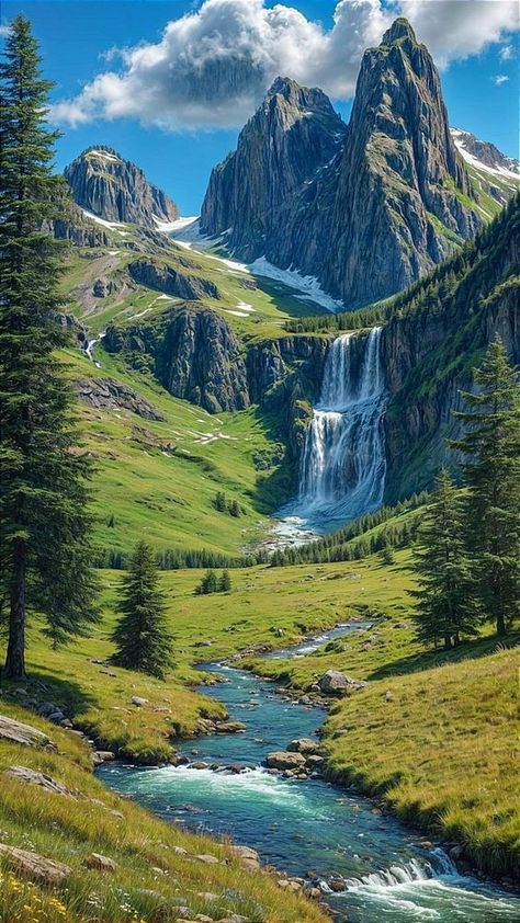 Green Mountain Drawing, Switzerland Landscape Wallpaper, Beautiful Switzerland Nature, Switzerland Waterfalls, Switzerland Scenery, Switzerland Travel Photography, Switzerland Wallpaper, Waterfall Aesthetic, Landscape Switzerland