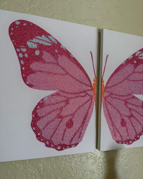 Double butterfly canvas kit🧚‍♀️ sent to me by a customer… looks fabulous🤭💗 kit is under “ butterfly double split canvas kit” on my website❤️ . . . . . #smallbusiness #bedazzled #reinstone Pink Canvas Art Ideas, Bedazzled Painting Ideas, Crystal Painting Ideas, Rhinestone Canvas Art Ideas, Split Canvas Painting Ideas, Gem Canvas Art, Glitter Painting Canvas, Bedazzled Wall Art, 2 Canvas Painting Ideas