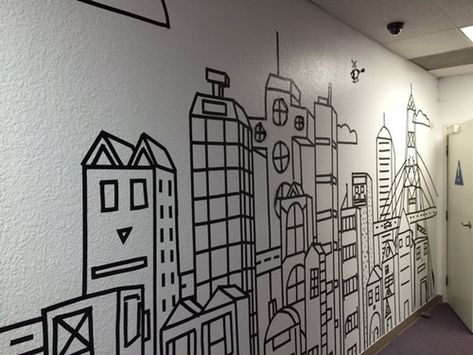 Tape Mural, Washi Tape Wall Decor, Imaginary City, Skyline Mural, Washi Tape Wall, Paint My Room, Office Mural, Office Wall Design, Small Condo