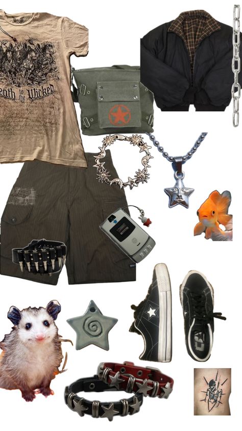 grunge outfit, emo outfit, stars, possum, opossum, fish, goldfish, skull, skeleton, one stars, flip phone, space, grunge, emo, sun, moon, jacket, star bag, fox, Summer Emo Outfits, Alt Outfits Aesthetic, Goblincore Outfits, Moon Jacket, Outfit Emo, Emo Outfit, Fish Goldfish, Space Grunge, Star Bag