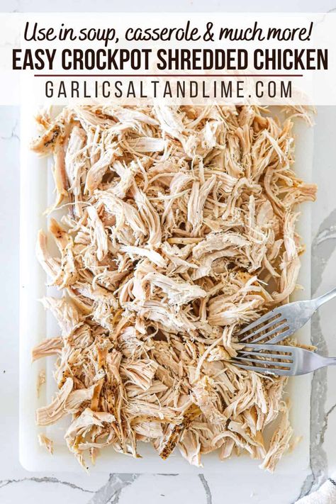 Simple crockpot shredded chicken is the easiest way to shred chicken in bulk for use in endless recipes. It's delicious, juicy and super easy to shred because it almost falls apart after hours in the slow cooker! Store in the freezer for up to 4 months and use in all your favorite recipes like soup, casseroles, tacos, enchiladas, fajitas, nachos, baked pasta dishes and so much more. Make it plain or add salsa/barbecue sauce or any condiment you like! Plain Shredded Chicken Crockpot, Chicken In Crockpot For Shredding, Mexican Shredded Chicken Crockpot, Shredded Bbq Chicken Crockpot, Crockpot Shredded Chicken Recipes, Shredded Chicken Recipes Crockpot, Chicken Recipes Low Sodium, Recipe Shredded Chicken, Crock Pot Shredded Chicken