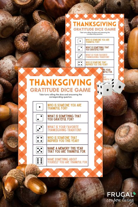 Want a conversation starter for Friendsgiving? Enjoy this Thanksgiving Activity for Kids and Adults when fun Thanksgiving icebreakers and conversation starters. This Thanksgiving dice game prompts you with gratitude questions for fun family and friends conversations. Reflect on the year and show your thanks. Also, get to see your kids' thankful hearts with answers to their own Thanksgiving questions.This Thanksgiving game for kids includes two sizes. One takes an 8.5x11 inch page, the other has November Crafts For Senior Citizens, Gratitude Game For Adults, Gratitude Dice Game, Thanksgiving Activities For Adults, Sunday School Thanksgiving Crafts, Gratitude Questions, Game Prompts, Kids Thanksgiving Activities, Thanksgiving Games For Family Fun