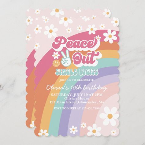 Planning a spectacular celebration? Our 10th Birthday Invitations are perfect for your special event! Invite your guests in style with our unique designs. #10thbirthday #birthdayinvitations #partyplanning #eventstationery #celebration #uniqueinvitations #customdesigns #birthdaybash #milestonebirthday #specialoccasion Peace Out Twenties Birthday, Piece Out Single Digits Party, Peace Out Party Theme, Peace Out Single Digits Im 10, Girls 10th Birthday Party Themes, 10 Birthday Party Girl Ideas, 10th Birthday Girl Themes, 10th Birthday Party Themes, Peace Out Party