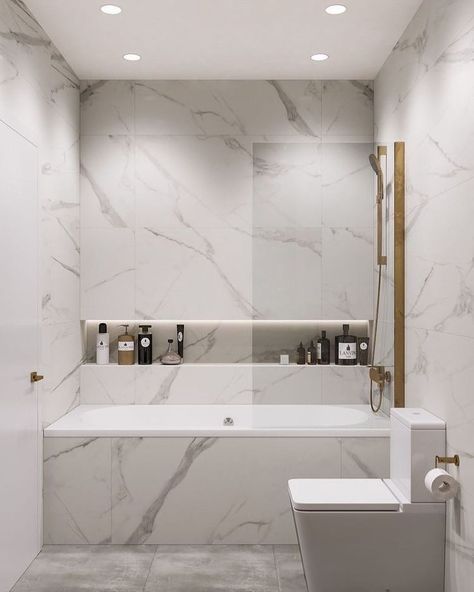 Marble And Gold Bathroom, Modern Marble Bathroom, Bathroom Grey, Luxury Bathroom Master Baths, White Marble Bathrooms, Modern Marble, Shower Niche, Vinyl Decor, Bathroom Tile Designs