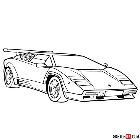 Lamborghini Cartoon Drawing, Lamborghini Countach Tattoo, Lamborghini Countach Drawing, Cartoon Cars Drawing Simple, Easy Drawings Car, Lamborghini Drawing Easy, Super Car Drawing, Lamborghini Tattoo, Car Drawings Easy