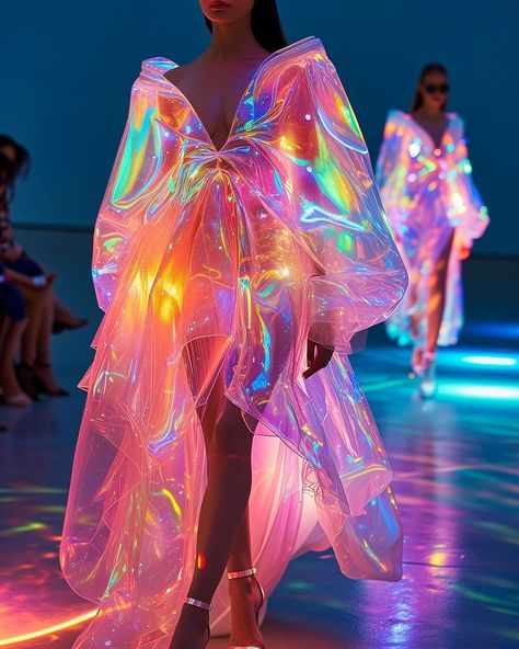 Holographic Outfit Ideas, Fashion Show Themes Ideas Inspiration, Cyberpunk Couture, Fashion Collection Moodboard, Iridescent Dresses, Holographic Clothes, Holographic Outfit, Gimme Gimme More, Iridescent Clothing