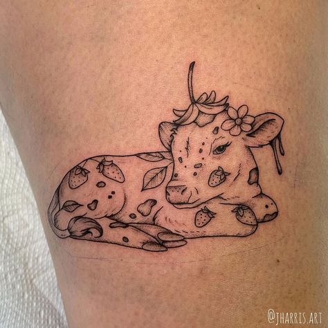 Jasmine! | Words cannot describe how happy I was to tattoo this flash piece. Thank you so much for giving this lil cutie a home Nicole 🐮🍓… | Instagram Angel Cow Tattoo, Cruelty Free Tattoo, Peppa Pig Tattoo Ideas, Highland Calf Tattoo, Cow With Flower Crown Tattoo, Calf Piece Tattoo, Animal Related Tattoos, Aesthetic Halloween Tattoos, Fun Animal Tattoo