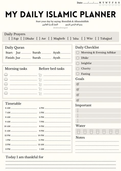 Daily Islamic Planner digitaltravelplanner 😫 Islamic Planner, Islam Journal, Quran Journaling, Ramadan Tips, Islamic Journal, Daily Routine Schedule, Daily Routine Planner, To Do Planner, Study Planner Printable