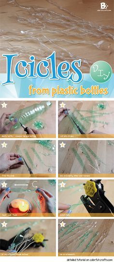 #DIY: Icicles from plastic bottles Diy Icicles, Santa Klaus, Reuse Plastic Bottles, Plastic Bottle Flowers, Plastic Bottle Art, Diy Plastic Bottle, Plastic Bottle Crafts, Plastic Crafts, Diy Bottle