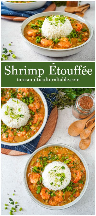 Shrimp Étouffée in two bowls with rice in the center. Shrimp And Sausage Etouffee Recipes, Shrimp Ettouffe Recipe, Cajun Spices, Recipe For Shrimp, Etouffee Recipe, Shrimp Etouffee, Prawn Recipes, Weeknight Dinner Recipes Easy, Lobster Recipes