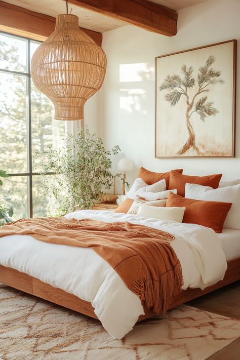 Transform your bedroom into a cozy retreat with stunning wall art ideas! Highlighting natural textures and warm tones, this look creates an inviting ambiance. Discover more wall art inspiration to refresh your space today! 🌳✨ #HomeDecor #InteriorDesign Light Terracotta Bedroom, White And Terracotta Bedroom, Earthtone Bedroom Ideas, Brown And White Room, Warm Bedroom Colors Earth Tones, Bedroom Textures, Warm Tone Bedroom, Cozy Bedroom Wall, Light Orange Aesthetic