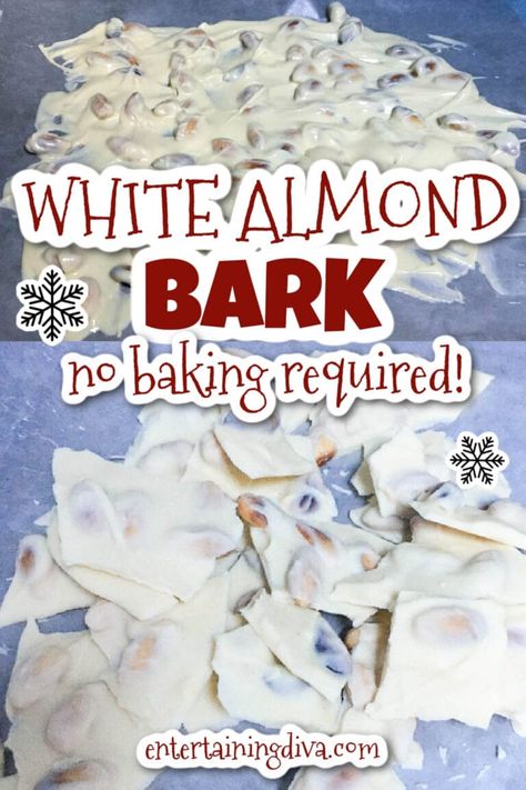 Made with white chocolate and almonds, this white almond bark recipe is soooo tasty! It only has 3 ingredients so it's also really fast and easy to make. The perfect sweet treat! White Chocolate Almond Bark Recipes, White Chocolate Almond Fudge, White Bark Candy Holiday Treats, White Party Foods Snacks, White Chocolate Bark Recipes Easy, Candy Made With Almond Bark, Easy Almond Bark Recipes, Christmas Almond Bark Recipes, White Bark Candy