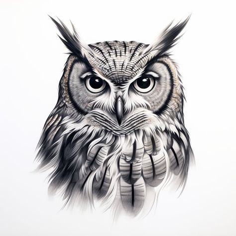 Black And White Neck Tattoo, Eagle Owl Drawing, Drawings Of Owls Pencil, Realism Animal Drawing, Great Horned Owl Tattoo Drawing, Owl Sketch Tattoo, Realistic Owl Tattoo Design, Flying Owl Tattoo, Owl Pencil Drawing