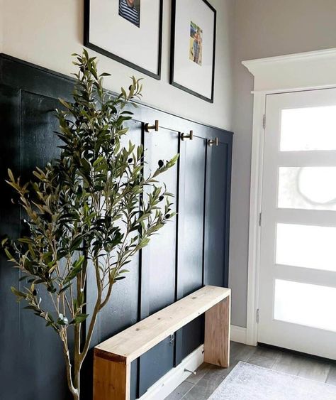 Tall Foyer Ideas Entryway, Navy Blue Entryway, Entryway Feature Wall, Entryway Wall Ideas, Shiplap Entryway, Blue Entryway, Accent Wall Entryway, Foyer Ideas Entryway, Millwork Wall