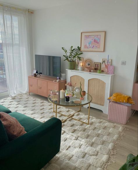 Boho College Apartment Living Room, Scandi Pastel Living Room, Neutral Apartment Aesthetic With Pops Of Color, Trendy Studio Apartment, Pastel Apartment Living Room, World Market Aesthetic, Trendy Living Rooms 2023, Trendy Home Decor 2023, Entryway Ideas Colorful