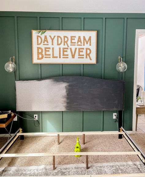 Do you have an upholstered bed you don't love? Paint it! Here is a painted fabric headboard tutorial for a DIY upholstered bed frame makeover! #fromhousetohaven #DIYheadboard #paintedheadboard #paintingfabric #upholsteredheadboard Black Fabric Bed Frame, Paint Upholstered Headboard, Painting A Fabric Headboard, Diy Black Headboard, Painted Fabric Headboard, Painting Fabric Headboard, Paint Fabric Headboard, Headboard Color Ideas, Reupholster Bed Frame