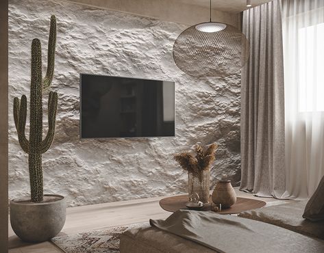 Walls For Living Room, Plaster Accent Wall, Stone Tv Wall, Stone Wall Interior Design, Wabi Sabi Home Decor, Stone Walls Interior, Stone Wall Design, Wall Painting Techniques, Mediterranean Interior