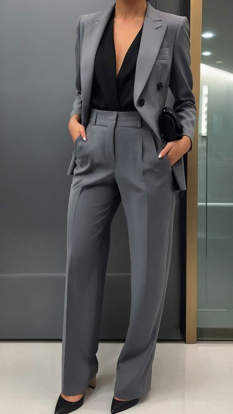 Explore the eclectic mix of styles with women in suits - from classic business wear to trendy tomboy aesthetics This Pinterest pin showcases a stunning photo shoot capturing the aesthetic faces and various fashion choices whether it be formal outfits for a business setting or casual ensembles inspired by anime Dive into the world of women's fashion and individuality Chic Business Suits Women, Suits For Women Outfits Aesthetic, Boss Vibes Outfits, Women Suits Office, Classic Women Suit, Boss Looks Woman, Womens Business Attire Suits, Gray Suit Outfits Women, Female Architect Aesthetic Outfit