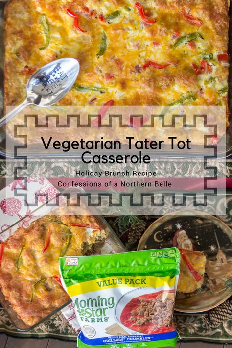 Morning Star Recipes Vegetarian, Morning Star Recipes, Meatless Tater Tot Casserole, Vegetarian Tater Tot Casserole, Vegetarian Brunch Recipes, Casserole Vegetarian, Meatless Breakfast, Red And Green Peppers, Christmas Morning Brunch