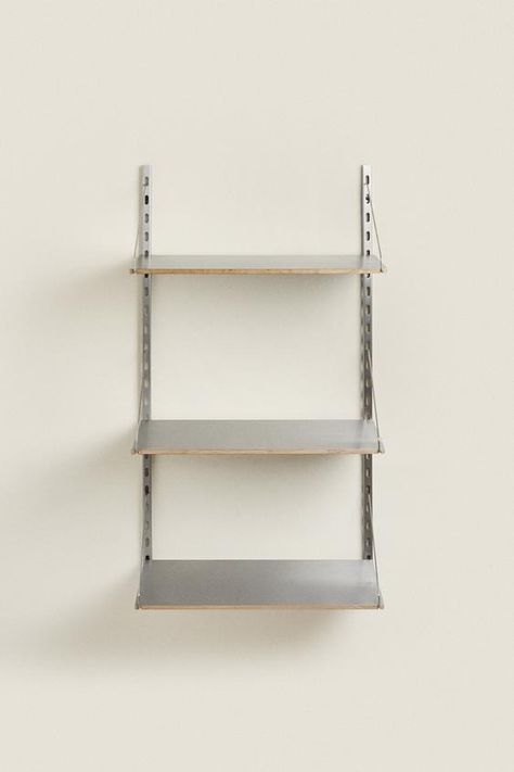 OAK SHELVING UNIT WITH METAL SUPPORT - Light beige | ZARA United States Mounted Bookshelves, Steel Shelves, Minimalist Shelves, Wall Mounted Bookshelves, Oak Shelves, Steel Shelf, Wood Shelf, Cozy Place, Metal Shelves