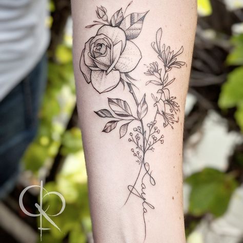 Rose and Honeysuckle #floral #floraltattoo #flowertattoo #rosestattoo #fineline #delicatetattoo #dotworktattoo #BlackworkTattoos #castofcrowns Rose And Honeysuckle Drawing, Rose And Honeysuckle Tattoo, Honeysuckle And Rose, Rose And Honeysuckle, Honeysuckle Tattoo, Tato Dengan Makna, Rose Flower Tattoos, Tato Lengan, Shape Tattoo