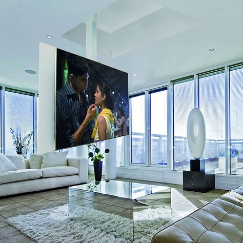 Tv Hanging From Ceiling, Apartment Tv, Hanging Tv On Wall, Hanging Tv, Ceiling Tv, Modern Apartment Living Room, Indian Bedroom Decor, Tv Lift, Living Room Designs Small Spaces