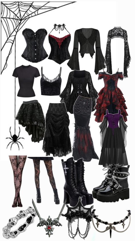 Gothic black, red, purple outfit inspiration board ~ taking requests Black Gothic Outfit, Outfit Inspo Board, Romantic Goth Outfits, Red Goth, Gothic Outfit, Vampire Clothes, Purple Outfit, Earthy Outfits, Rock Outfits