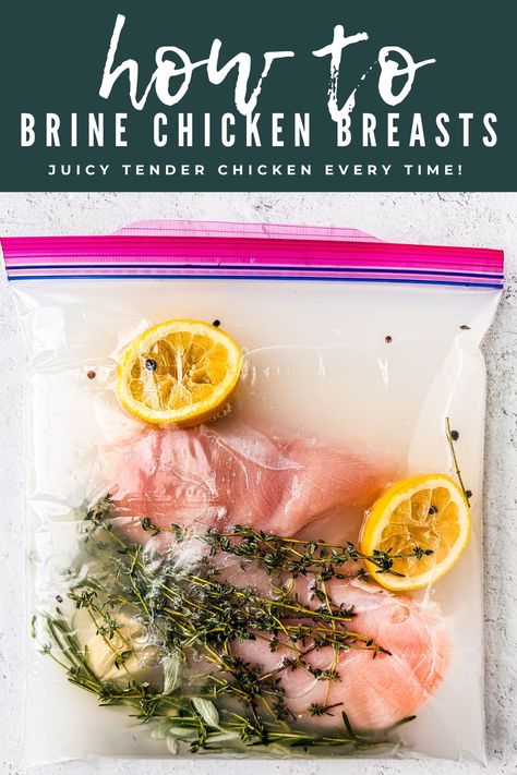 Brining chicken breasts guarantees you a tender, juicy, and flavorful portion of meat no matter how you cook it—even if you overcook it slightly.  #chickenbrine #chickenbreasts #brining #brine #howto Chicken Breast Brine Recipe, How To Brine Chicken, Brining Chicken, Brine Chicken Breast, Brined Chicken, Brine Chicken, Thyme Recipes, Brine Recipe, Raw Chicken