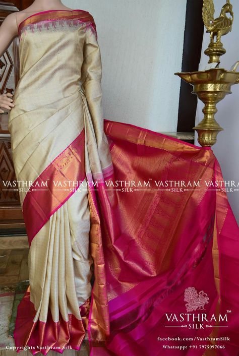 Cream pure kanchivaram silk saree with thread woven small checks and motifs on all over, heavy zari woven pink border, pink zari rich pallu. Code:A0418KA022302 Cost:22000 INR Whatsapp: +91 7019277192 Cream Pattu Saree, Cream And Pink Saree, Cream Silk Saree, Kanchivaram Silk Saree, Gold Silk Saree, Drape Sarees, Saree Tassels Designs, Designer Sarees Wedding, Pattu Saree Blouse Designs