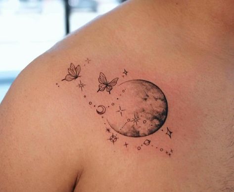 Moon Phases Collar Bone Tattoo, When You Wish Upon A Star Tattoo, Space Butterfly Tattoo, Moon Collar Bone Tattoo, Sky Full Of Stars Tattoo, Butterfly Moon Tattoo, Small Diamond Tattoo, Delicate Tattoos For Women, Whimsical Tattoos