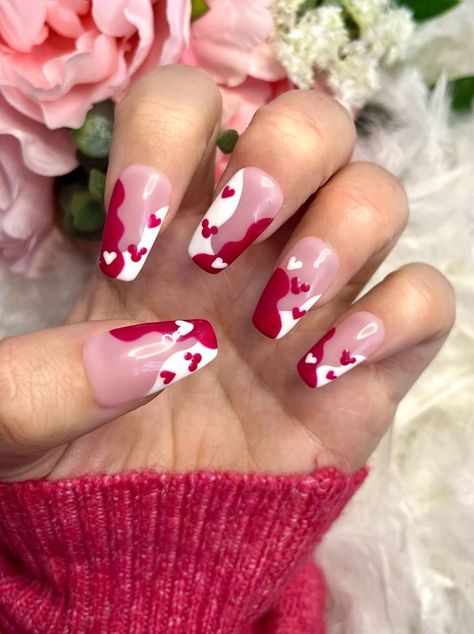 Disney Nails Valentines Day, Valentines Day Nails Disney, Valentine’s Day Themed Nails, Disney Valentines Nails Designs, Disney Nails Valentines, Mickey Valentines Nails, Disney Valentine Nails, Disney Valentines Day Nails, Valentine Disney Nails