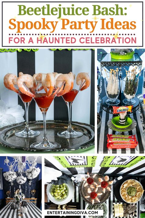 Beetlejuice Bash: Spooky Party Ideas For A Haunted Celebration | Halloween Beetlejuice Date Night, Tim Burton Tea Party, Tim Burton Party Food, Tim Burton Dinner Party, Beetlejuice Themed Dinner, Beetlejuice Food Halloween Party, Beetle Juice Dinner Party, Beetlejuice Birthday Party Food, Beetlejuice Movie Night Food