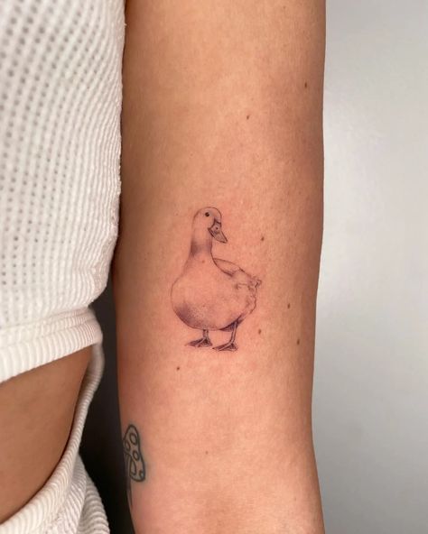 Goose Fine Line Tattoo, Mother Goose Tattoo, Fine Line Duck Tattoo, Duck Tattoo Ideas, Goose Tattoo, Soft Tattoo, Line Drawing Tattoos, Rooster Tattoo, Duck Tattoos