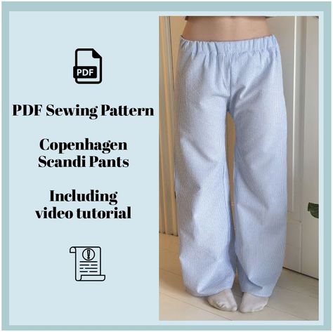 Copenhagen Scandi-pants | Striped trousers for women | Low waist | PDF Sewing pattern | Size XS-3XL | Video Tutorial included Cotton Pants Sewing Pattern, Sewing Pj Pants, Scandi Pants Pattern, Pajama Sewing Pattern Free, Pant Patterns For Women, Cute Sewing Projects Clothes, Jean Sewing Pattern, Pants Sewing Pattern Free, Linen Pants Sewing Pattern