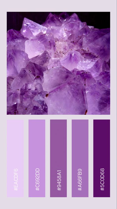 Purple colour palette to match the shades and colours of a purple amethyst crystal Amethyst Purple Color Palette, Purple Tones Colour Palettes, Amethyst Colour Palette, Amethyst Color Aesthetic, Color Palette Purple Colour Combinations, Amethyst Painting, Amethyst Hair Color, Colour Palette Purple, Amethyst Color Palette