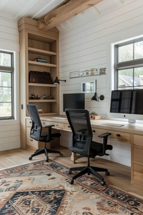 Small Double Office, Tiny Office Design, Home Office Loft Ideas, Two Desks In One Room, 2 Desk Office Layout Small Spaces, Double Desk Ideas, Home Office Two Desks, Built In Double Desk, Home Office Ideas For Two