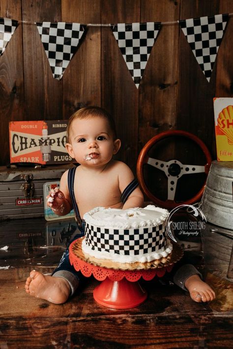 Racing First Birthday Photos, 1st Birthday Car Photoshoot, Race Car Themed Smash Cake, Fast One First Birthday Cake, Racing First Birthday Pictures, Mechanic First Birthday Pictures, Car Theme Cake Smash Photoshoot, 2 Fast Birthday Pictures, 2 Fast Smash Cake