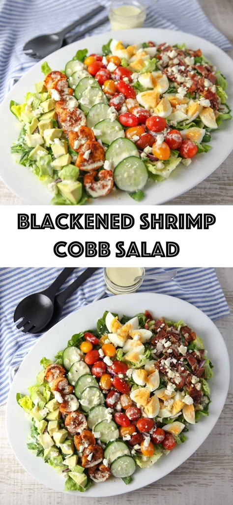 Blackened Shrimp Cobb Salad - Tastefulventure Cobb Salad Shrimp, Cobb Salad With Shrimp, Blackened Shrimp Caesar Salad, Salad Shrimp Recipes Healthy, Blackened Shrimp Salad Recipes, Healthy Cobb Salad Recipes, Shrimp Cobb Salad Recipes, Blackened Shrimp Recipe, Healthy Seafood Recipes Clean Eating