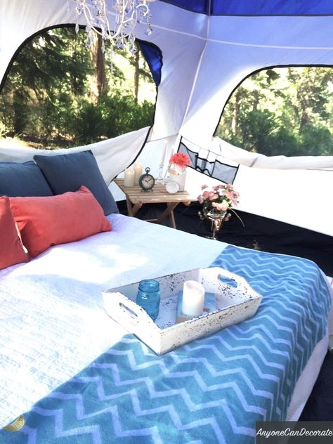 Anyone Can Decorate: Gone Glamping - A DIY Glamorous Camping Trip Cute Tent Ideas Camping, Glamping Tent Interior Ideas, Diy Glamping Tent, Glamping Tent Ideas, Camping Tent Decorating Ideas, Camping Decorating Ideas, Glamping Diy, Zelt Camping Hacks, Camping Tent Decorations