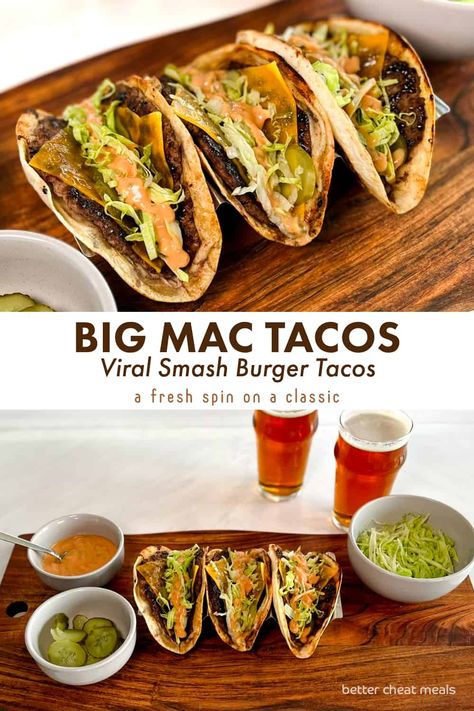 When your hankering for a Big Mac is calling, why not make your own spin on the classic? Enter smash burger tacos—a viral sensation and now a weeknight favorite. With perfectly chewy, crispy tortillas, they're a delightful twist on the traditional. These smash tacos pack all the Big Mac goodness into each bite. Surprisingly quick to cook, they're the ideal weeknight fix for your fast-food cravings. Smash Tacos, Smash Burger Tacos, Big Mac Tacos, Mac Tacos, Burger Tacos, Smash Burger Recipe, Viral Recipes, Smash Burgers, Burger Press