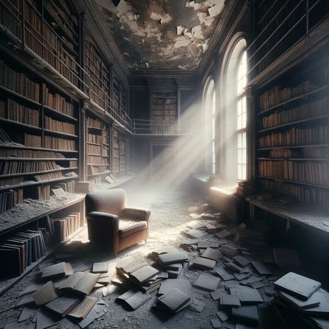 Dusty Library Canvas Abandoned Library Art, Tilted Shelves, Forgotten Library, Abandoned Library, Environment Reference, Forgotten Places, Old Library, Library Art, Dust Particles