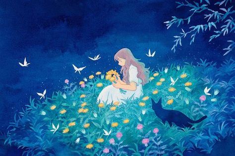 Heikala on Instagram: "Summer Night 🦋 Was inspired by Finnish Midsummer festivities for this piece. One of the most well known Finnish Midsummer spells is to pick seven different wildflowers and put them underneath a pillow for the night, in hopes to see ones future spouse in the dream!🪷🌻🌷 #juhannus #midsummer" 동화 삽화, 다크 판타지, Arte Sketchbook, Digital Painting Tutorials, Ethereal Art, Dreamy Art, 영감을 주는 캐릭터, Back To Nature, Summer Night