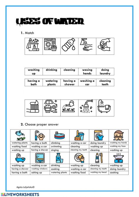 Activities and use of water - Interactive worksheet Worksheet On Water For Grade 2, Use Of Water Worksheet, Water Uses Worksheet, Water Worksheet For Grade 1, Uses Of Water Worksheet For Kindergarten, Uses Of Water Worksheet For Kids, Water Day Activities, Tema Air, Uses Of Water