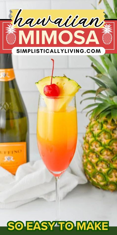 glass of hawaiian mimosa Hawaiian Mimosa, Hawaiian Mimosas, Coconut Rum Drinks, Tropical Drink Recipes, Hawaiian Drinks, Hawaiian Cocktails, Sangria Cocktail, Champagne Drinks, Mimosa Recipe