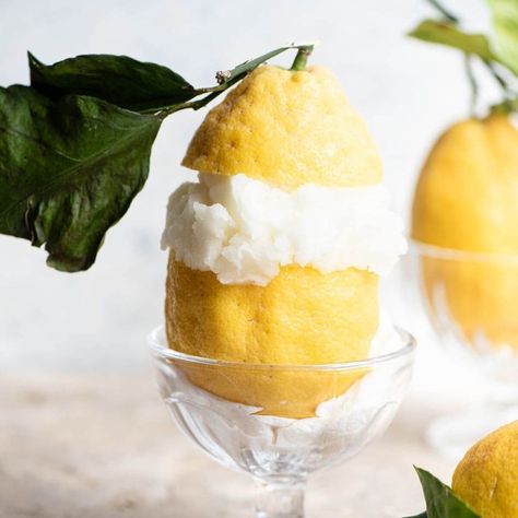 Amalfi Lemon Sorbet Ice Cream In Lemon, Lemon Sorbetto Recipe, Amalfi Lemon Sorbet, How To Make Lemon Sorbet, Limoncello Party, Lemon Italian Ice, Amalfi Party, Lemon Sorbet Recipe, Lemon Gelato