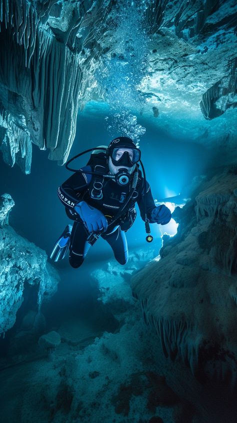 Cave Diving Adventure: An underwater explorer navigates the serene beauty of a submerged cavern in crystal-clear waters. #diving #underwater #cave #adventure #scuba #explorer #submerged #cavern #aiart #aiphoto #stockcake https://ayr.app/l/fgsR Cave Diving Photography, Diving Underwater, Underwater Caves, Whale Sharks, Manta Rays, Undersea World, Cave Diving, Brand Manual, Dive Shop